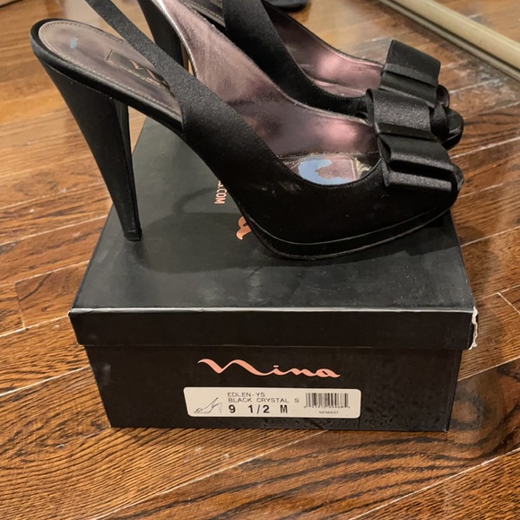 Nina Edlen Black Satin Bow Peep Toe Sling Back - Picture 5 of 6